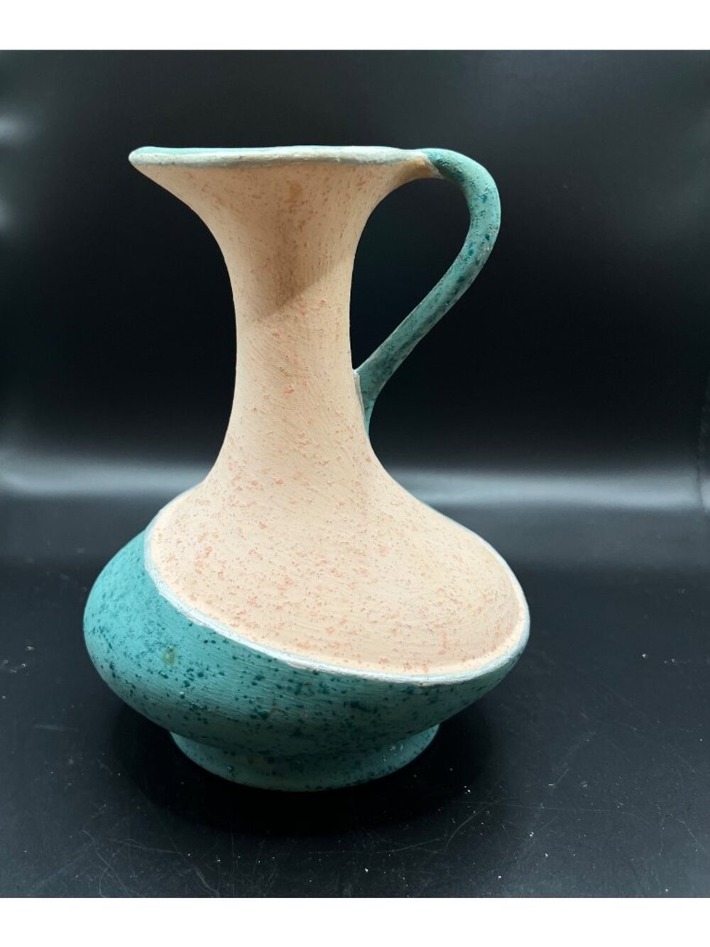 Handcrafted Ceramic Vase Two-Tone Turquoise Peach Speckled Unique Curved Handle